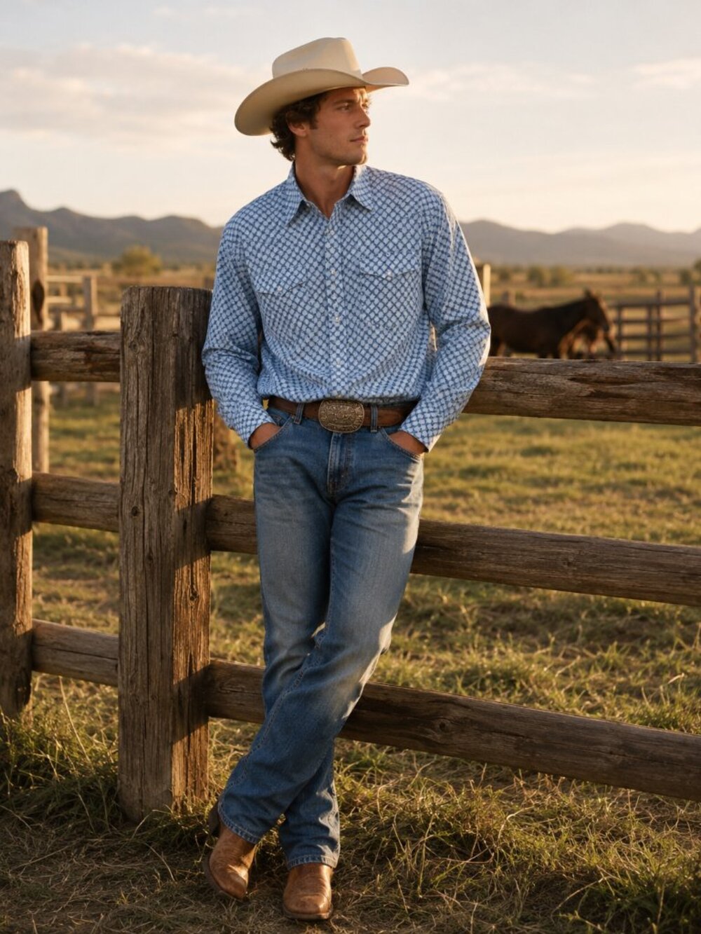 Rodeo Western Pearl Snap Button Up Shirt Blue Geometric Print Cowboy Rodeo